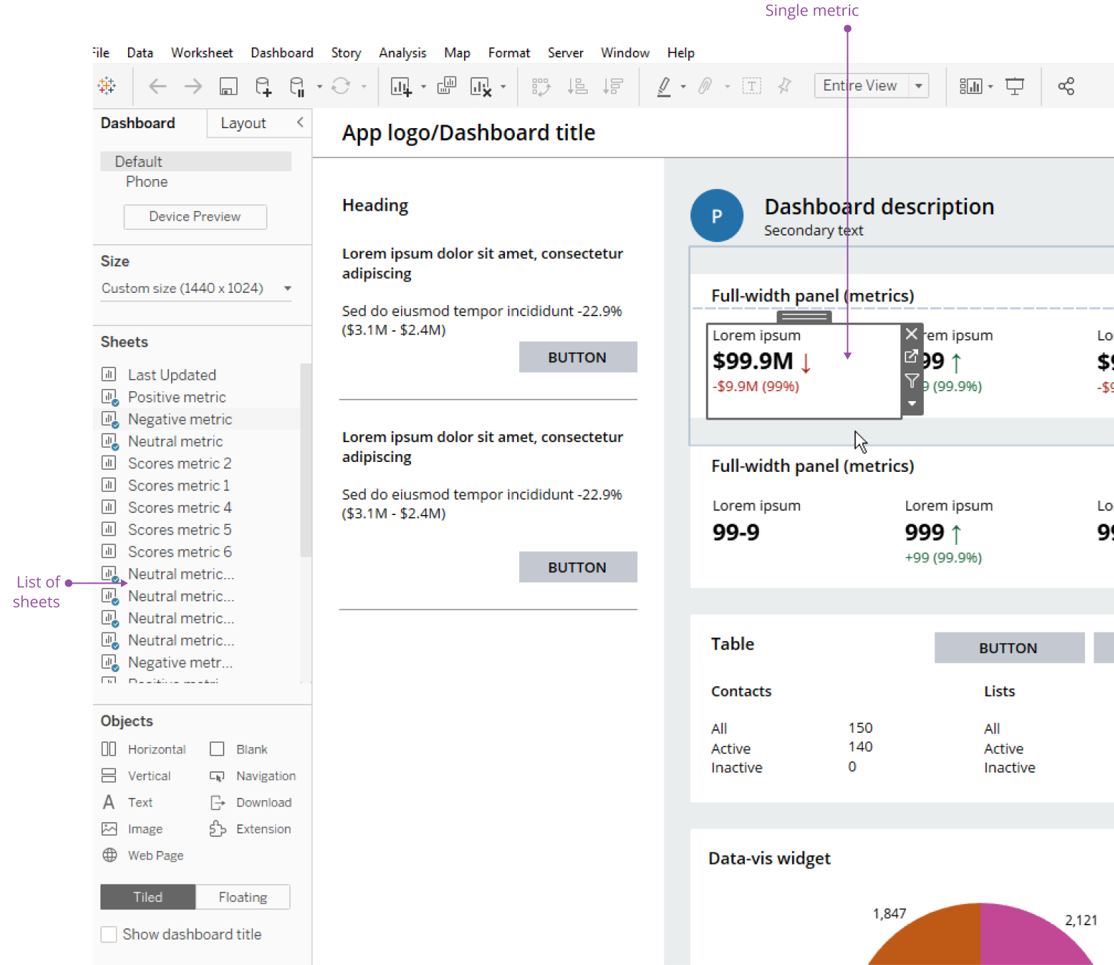 Tableau sheets list